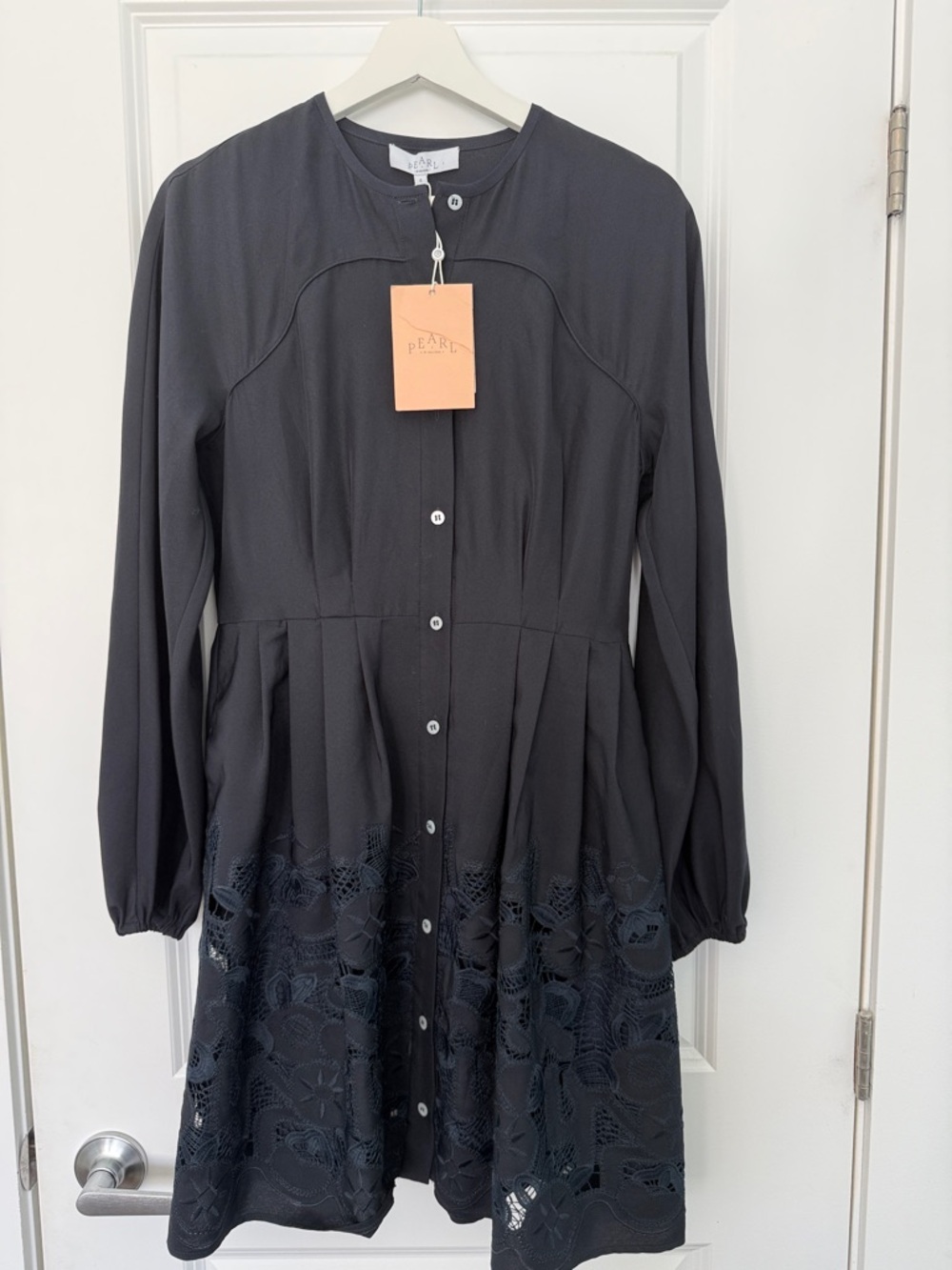 Pearl Black Long-Sleeve Button-Front Dress with Lace Hem